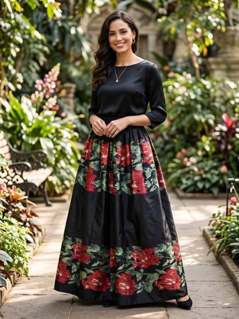 Vintage Adolfo silk taffeta Floral Black and Red Women's full ball maxi  Skirt S